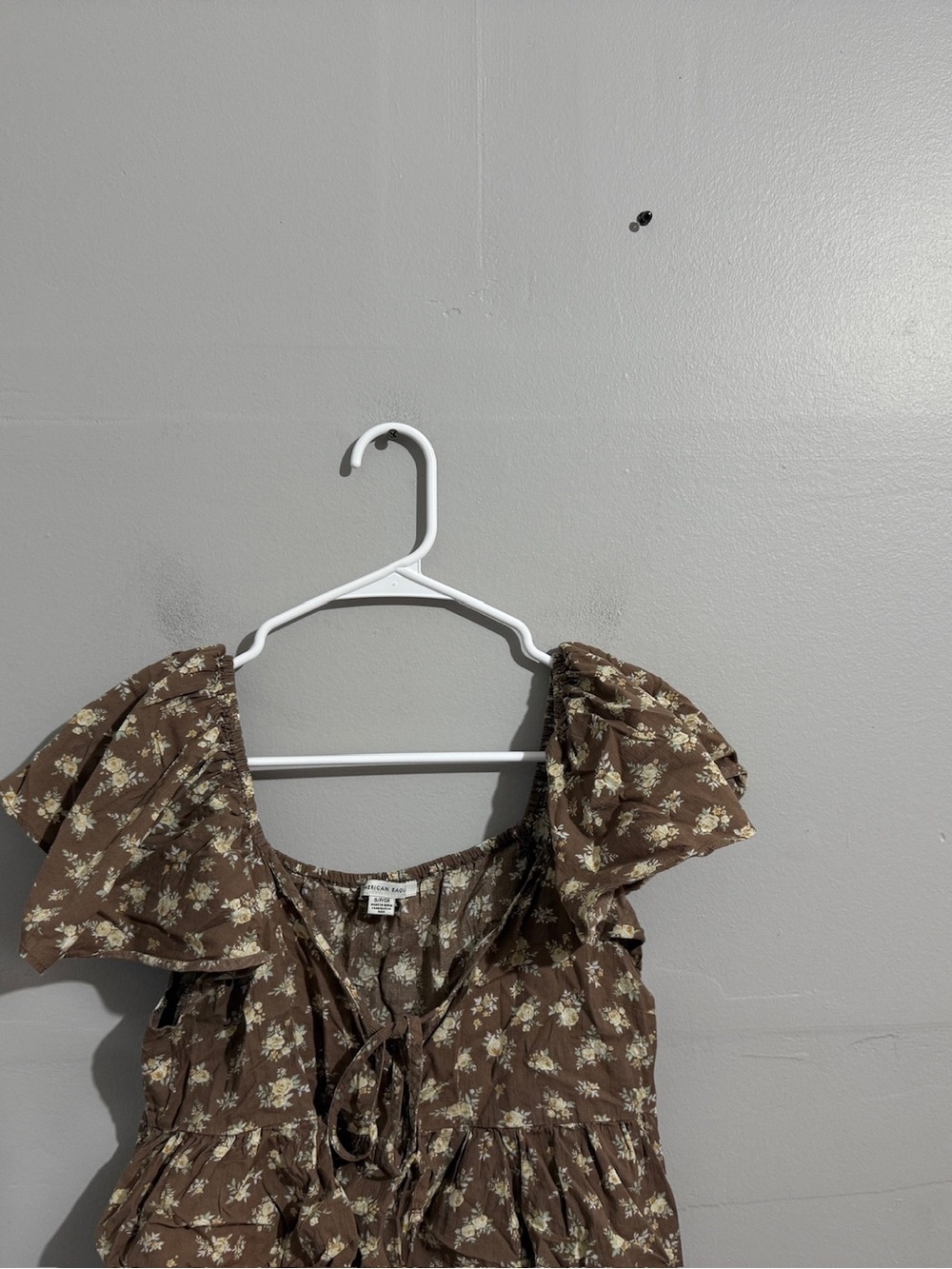 American Eagle Top Women S Brown Floral Peplum Puff Sleeve Tie Front Cottagecore - Picture 6 of 11